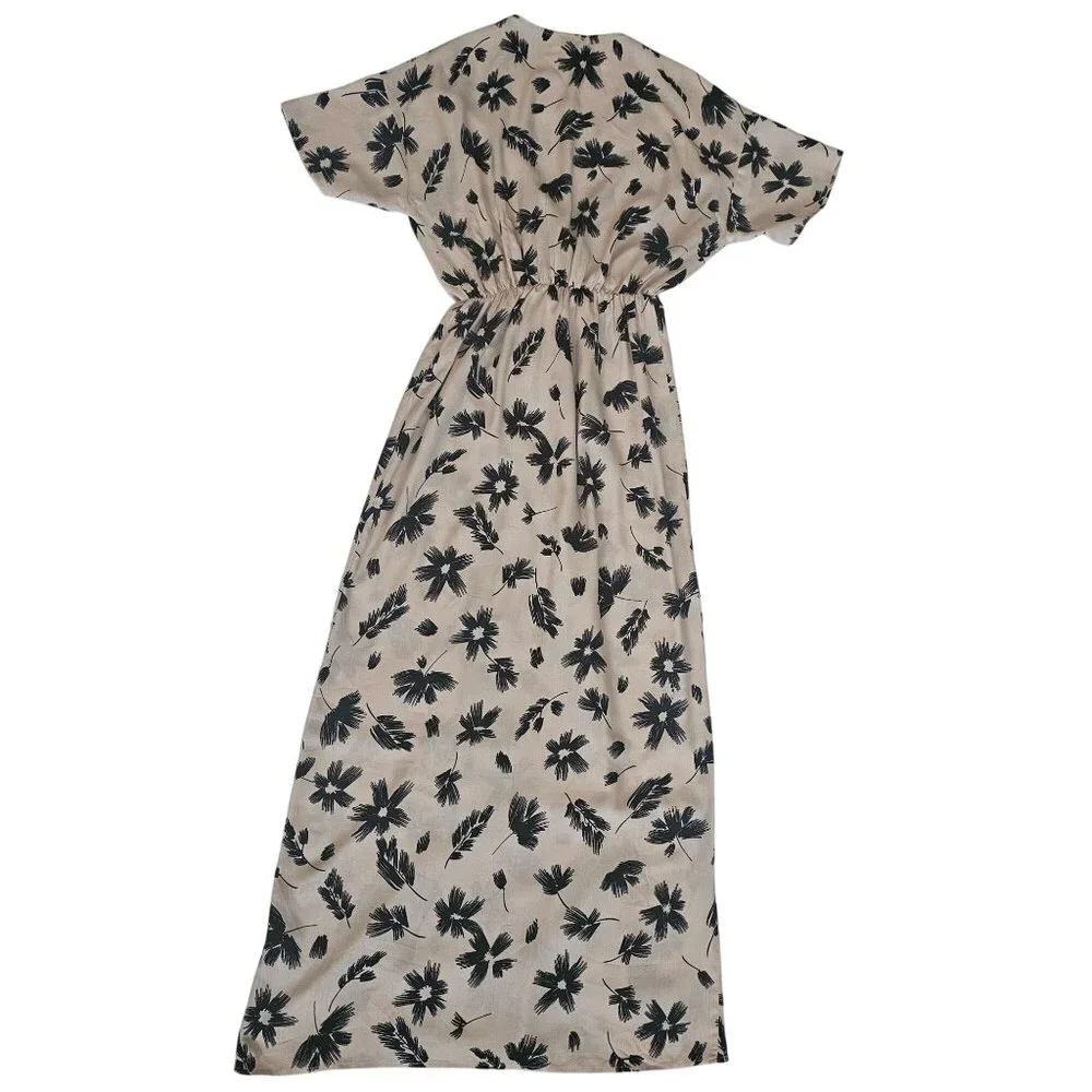 n/t Women's Beige & Black Floral Elastic Waist V-Neckline Maxi Dress Size Small - Picture 3 of 13